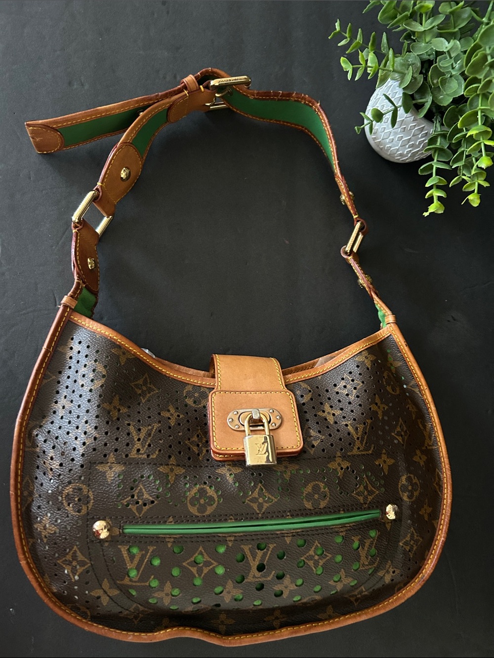 Beautiful Brown Monogram Shoulder Bag with Green Accents - Picture 3 of 17